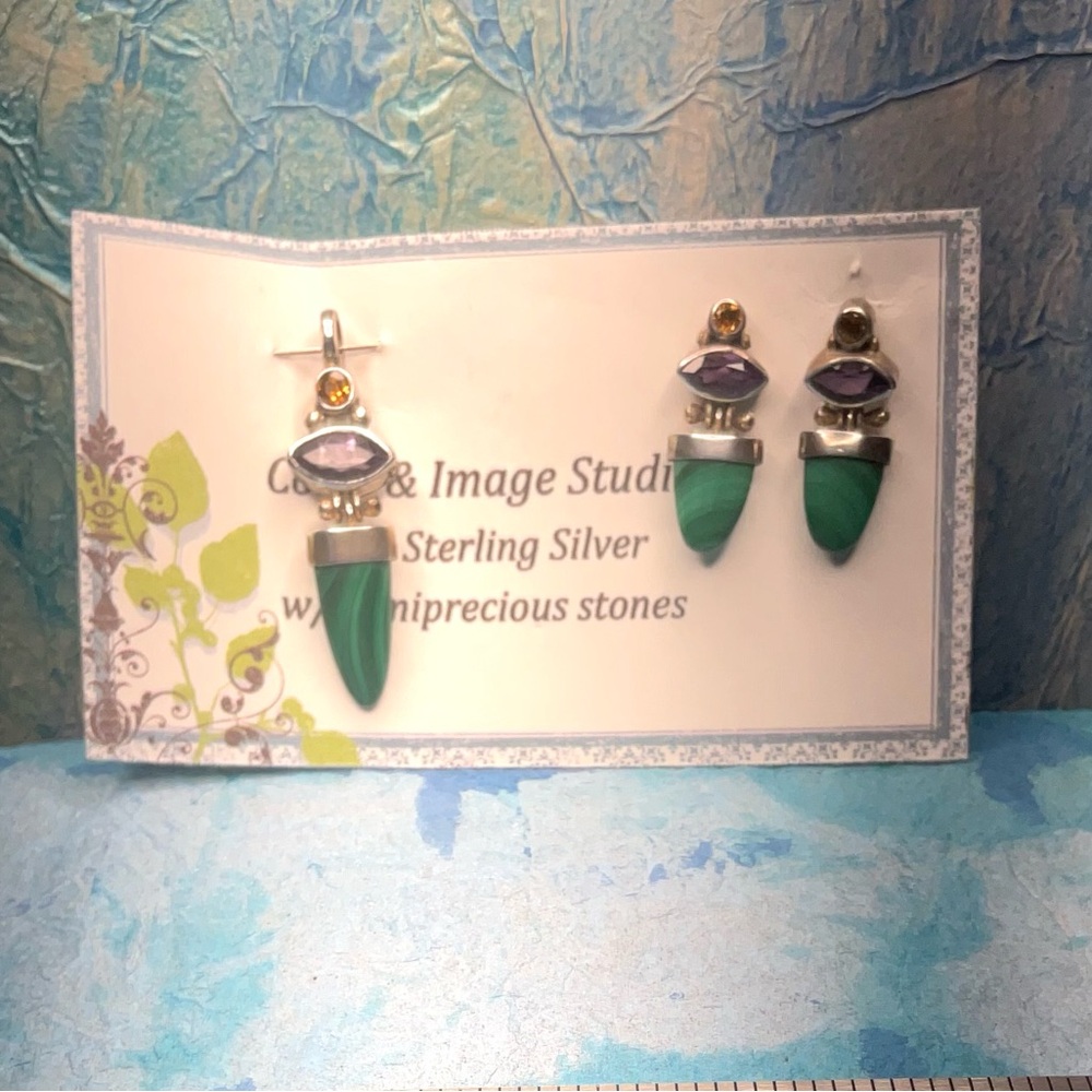 Vintage Amethyst, Jade, Amber, 925 Sterling Earrings and Pendant
